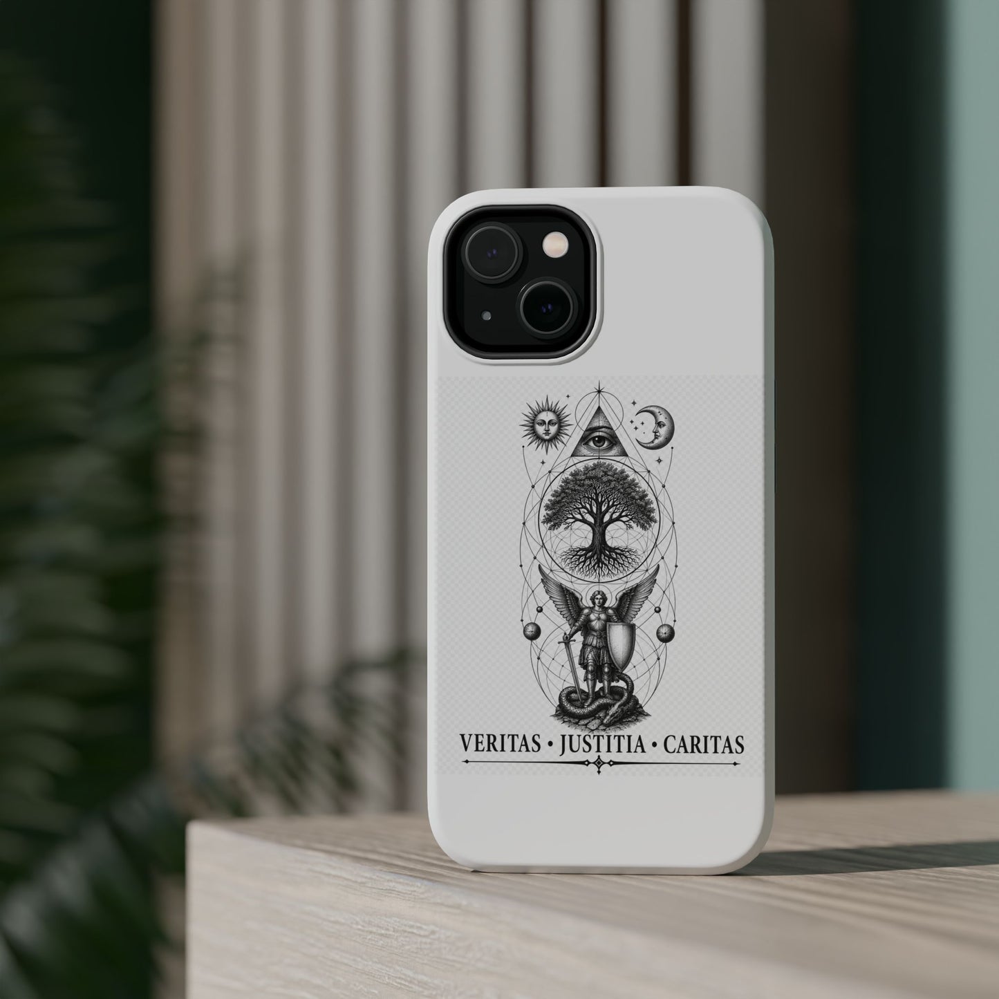 Mystic Tree Symbol Magnetic Phone Case — Veritas · Justitia · Caritas