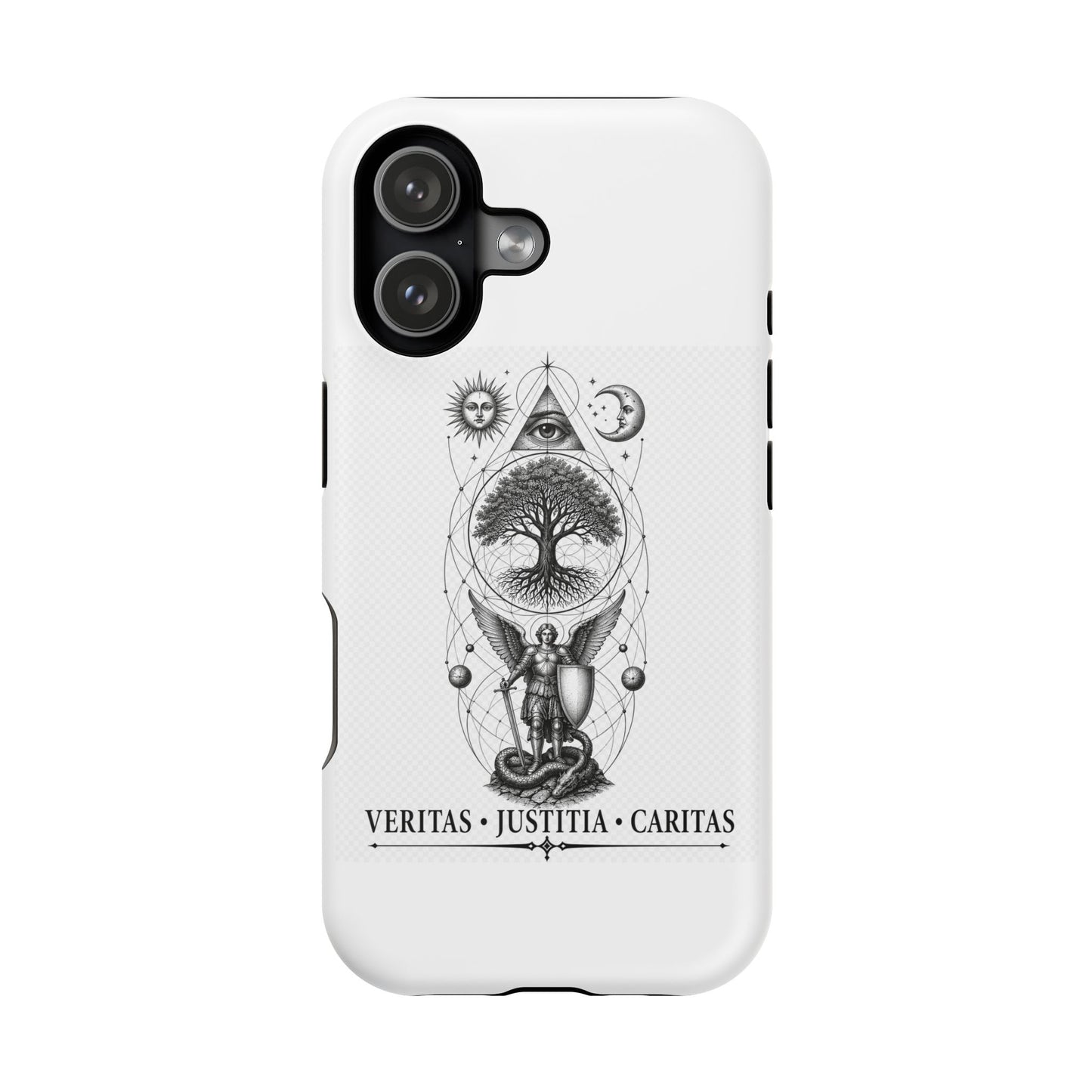 Mystic Tree Symbol Magnetic Phone Case — Veritas · Justitia · Caritas