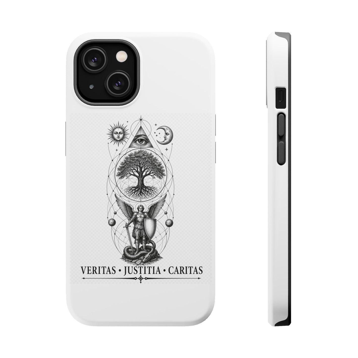 Mystic Tree Symbol Magnetic Phone Case — Veritas · Justitia · Caritas