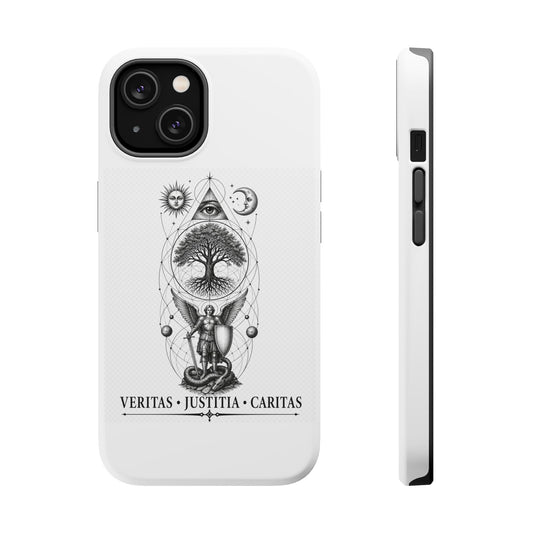 Mystic Tree Symbol Magnetic Phone Case — Veritas · Justitia · Caritas