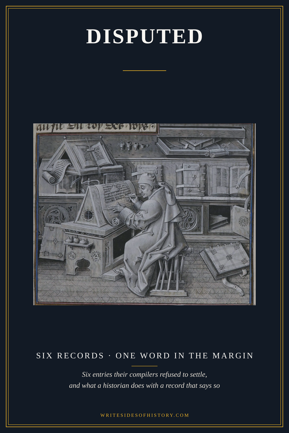 The cover of Disputed, under the title and the Writesides of History frame