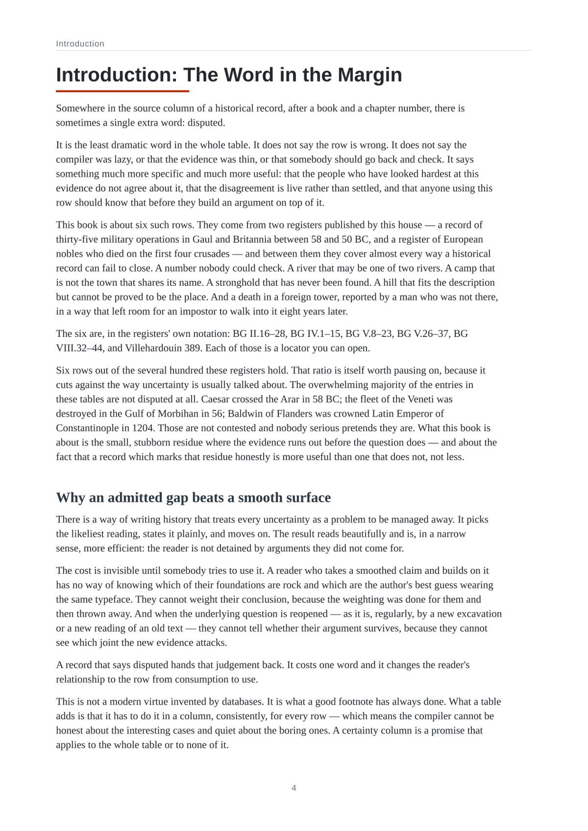 A page from Disputed: running text under a running head, set in the page model of the A4 edition