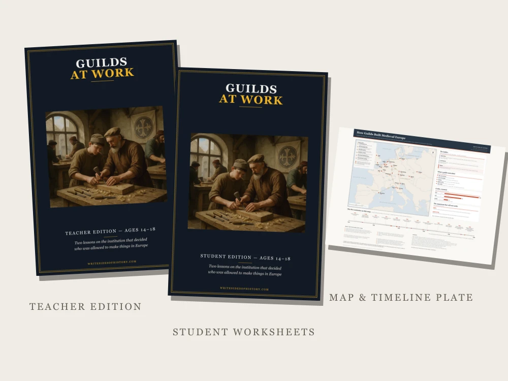 The classroom pack: teacher edition and student worksheets in the Writesides of History series cover, with the map and timeline plate beside them