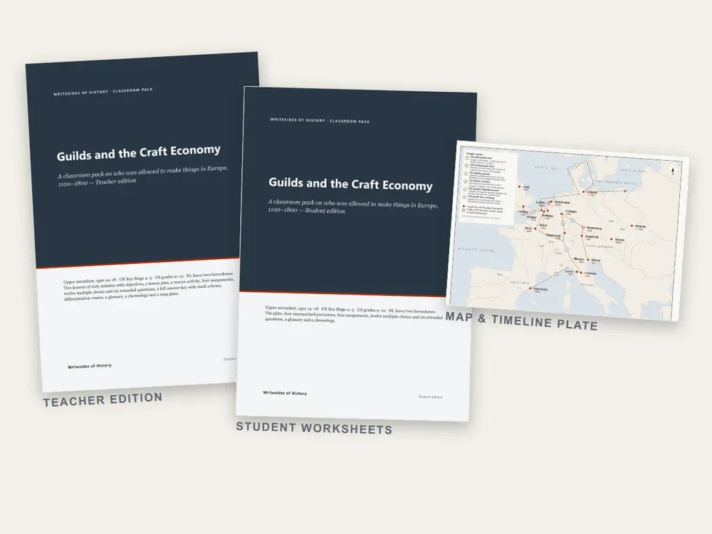 The classroom pack laid out: teacher edition, student worksheets and the map and timeline plate