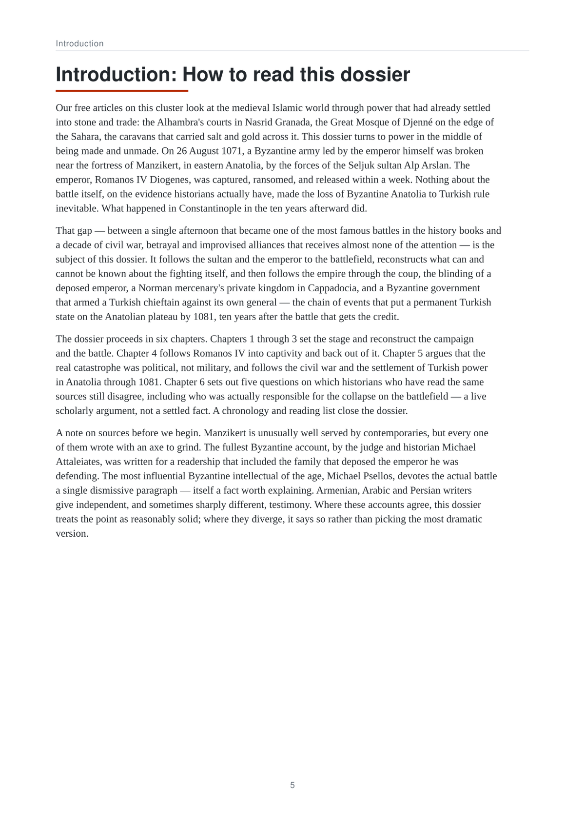 A page from Manzikert: running text under a running head, set in the page model of the A4 edition