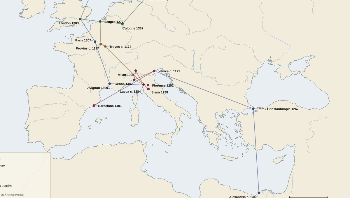 Detail of the plate at full size: London, Bruges, Paris, Troyes, Venice, Genoa, Florence and Barcelona with their earliest surviving dates, joined by the Hanseatic, Champagne, Italian banking and Templar transfer lines