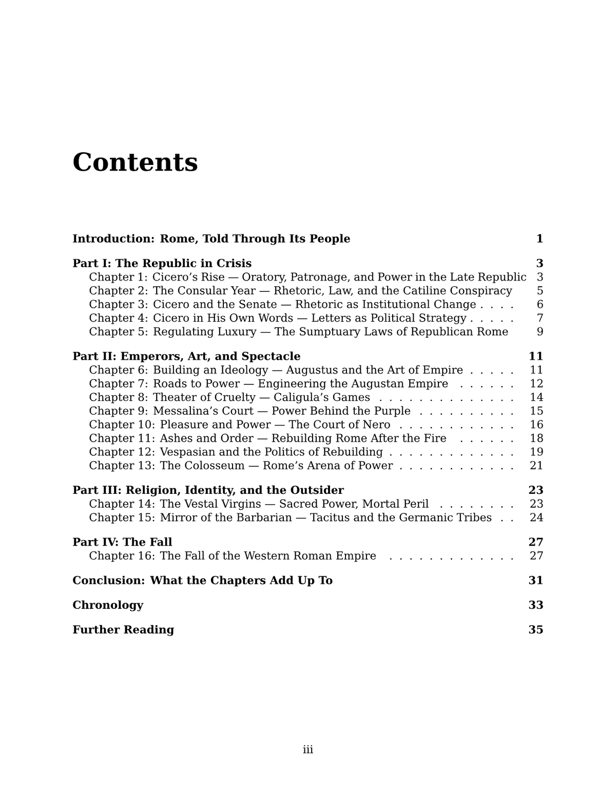The contents page of Roman Empire: The Collected Articles: sixteen chapters in four parts, from Cicero's rise to the fall of the Western Roman Empire, with a chronology and further reading, each with its page number