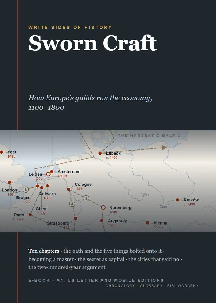 Cover of Sworn Craft: the title over a detail of the guild map, with the ten chapter subjects beneath