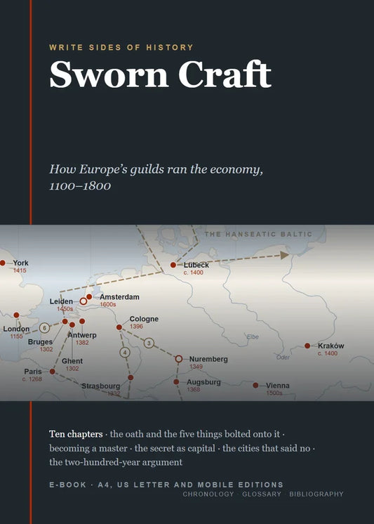 Cover of Sworn Craft: the title over a detail of the guild map, with the ten chapter subjects beneath
