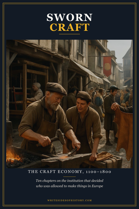 Cover of Sworn Craft: a smith and his journeyman at the anvil in a craft street, under the title in the Writesides of History series frame