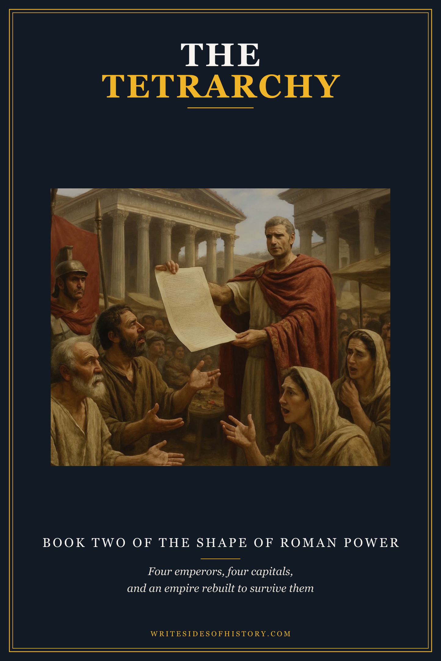Cover of The Tetrarchy: Diocletian proclaiming the Edict on Maximum Prices to a crowd, under the title in the Writesides of History series frame