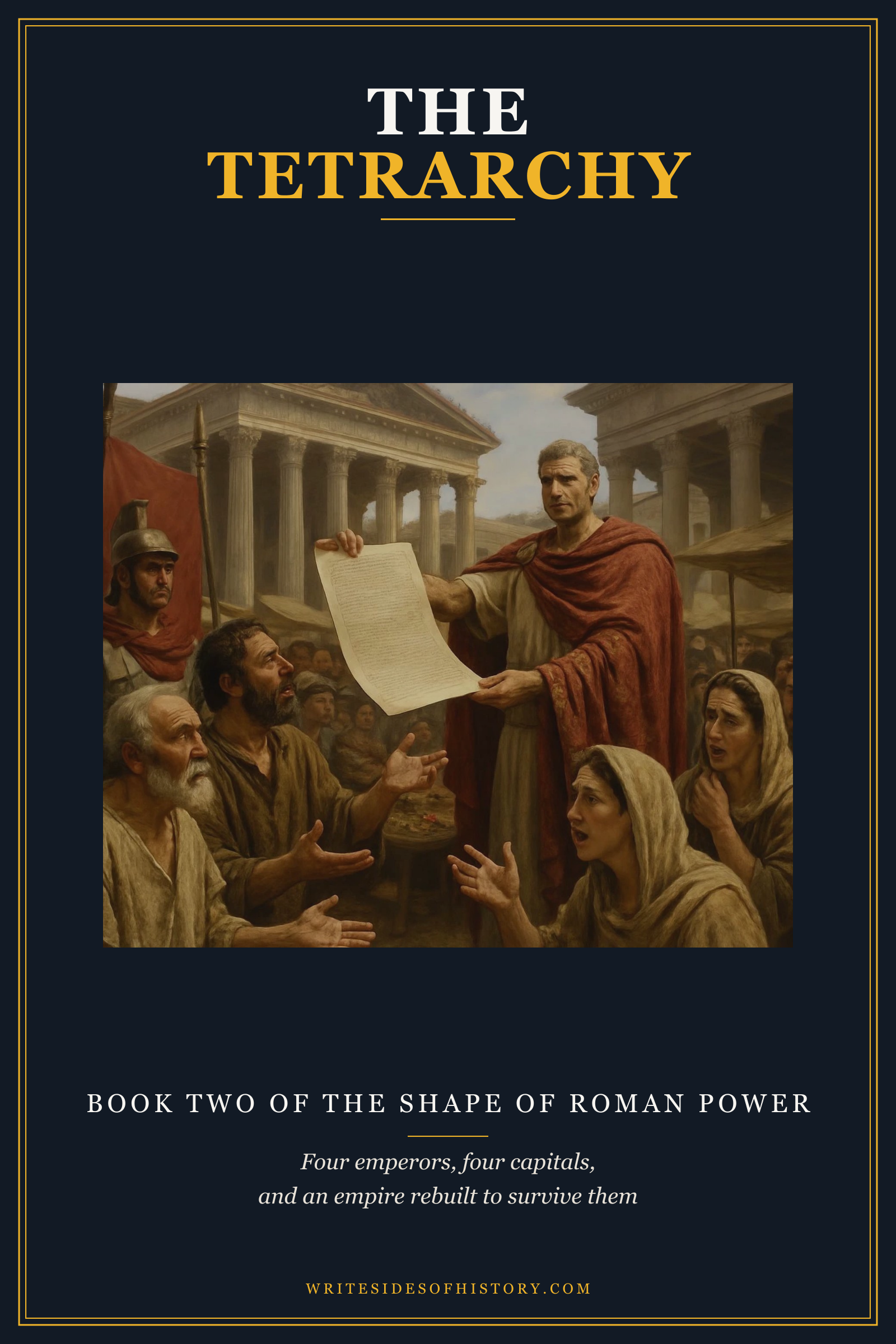 Cover of The Tetrarchy: Diocletian proclaiming the Edict on Maximum Prices to a crowd, under the title in the Writesides of History series frame