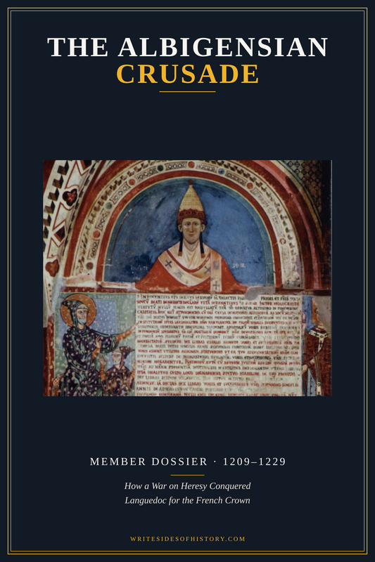 The cover of The Albigensian Crusade, under the title and the Writesides of History frame