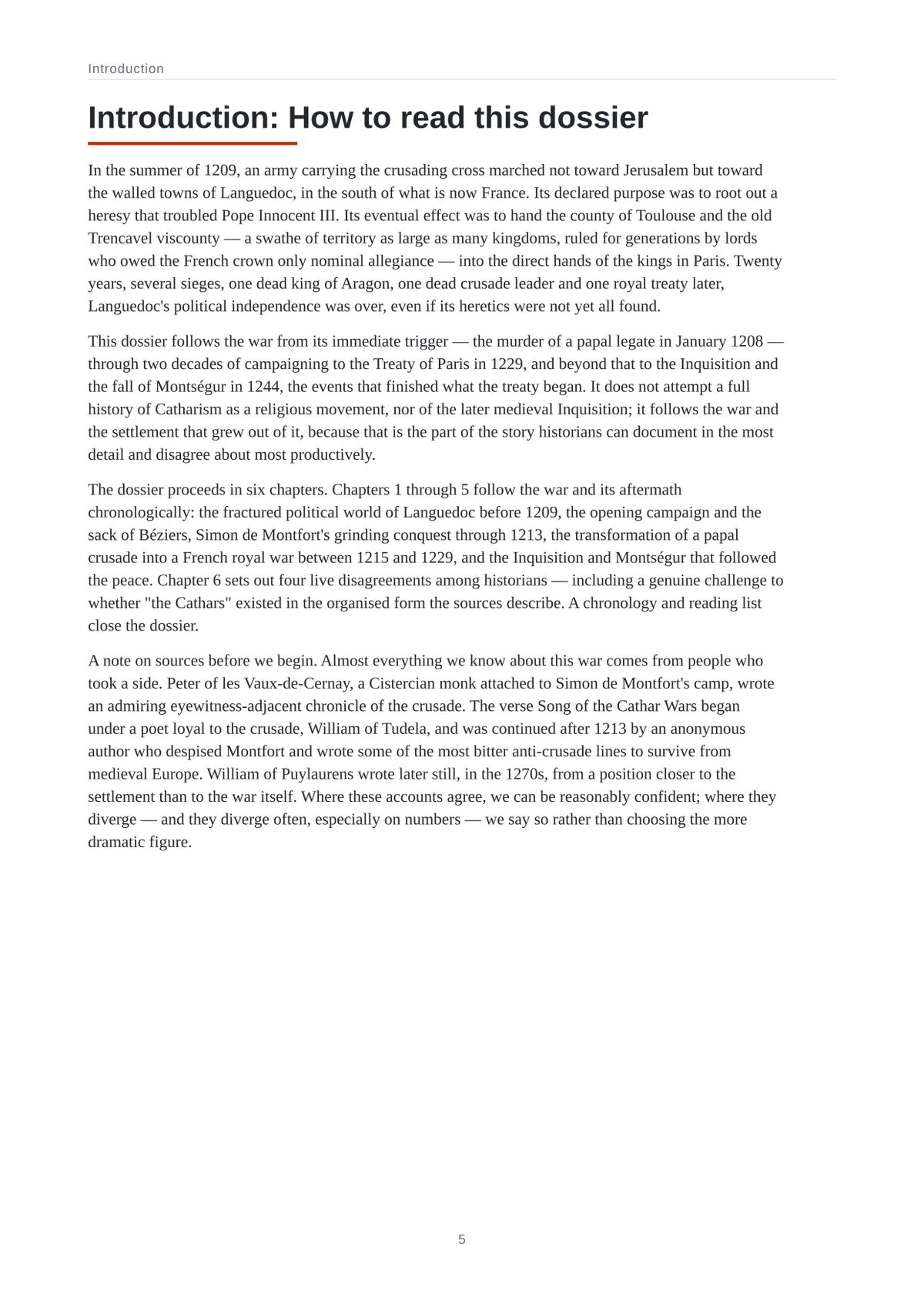 A page from The Albigensian Crusade: running text under a running head, set in the page model of the A4 edition