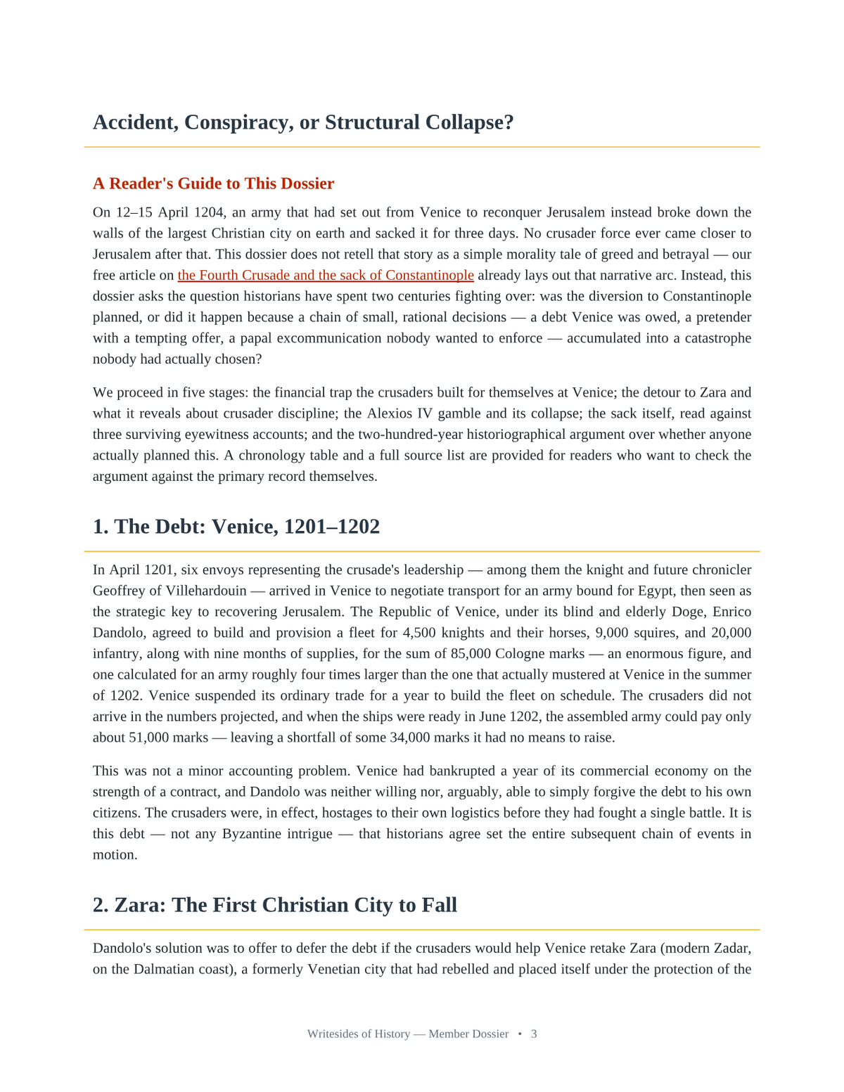 A page from the dossier: the reader's guide and the opening of section 1, The Debt: Venice, 1201-1202, with running heads and continuous text