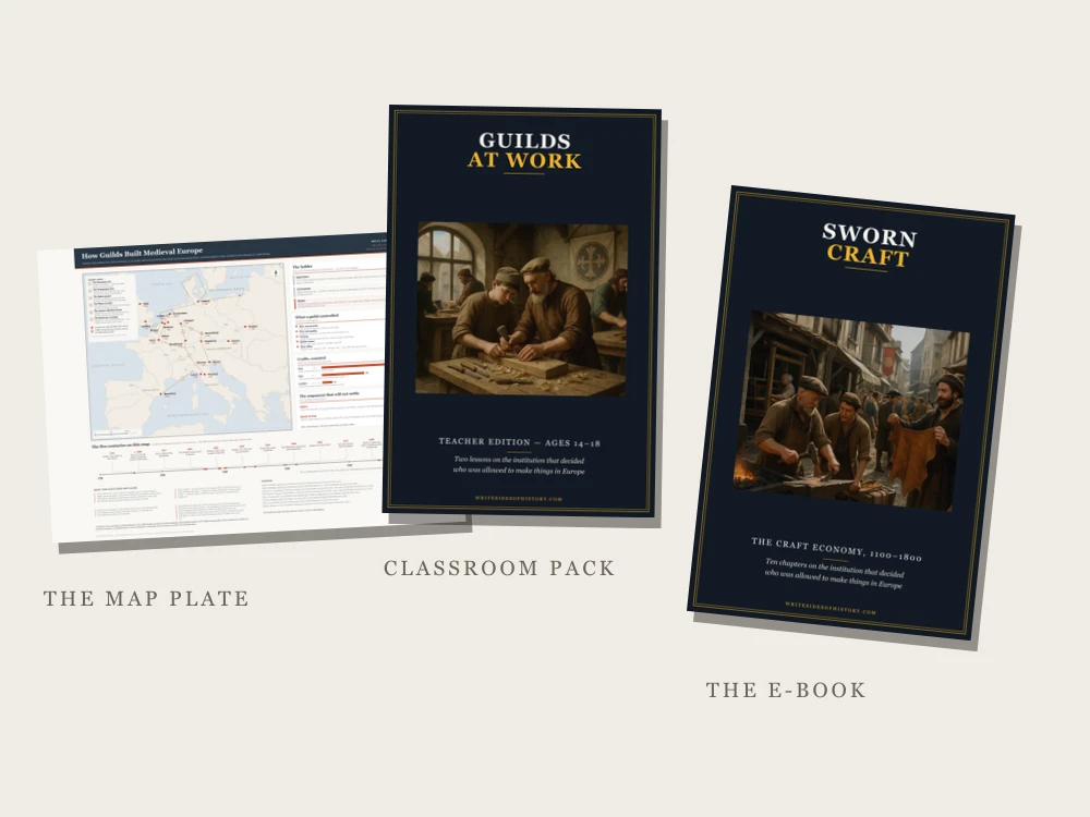 The Guilds Collection: the map and timeline plate, the classroom pack and the Sworn Craft e-book side by side
