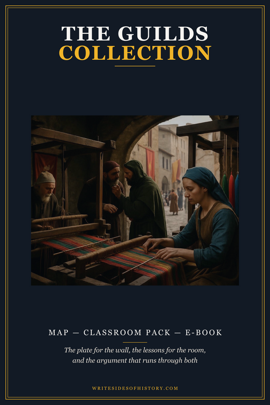Cover of The Guilds Collection: weavers at the loom in a silk workshop, under the title in the Writesides of History series frame