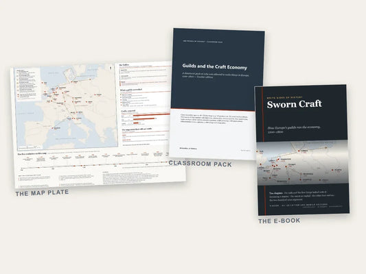 The three parts of the collection side by side: the map plate, the classroom pack and the e-book