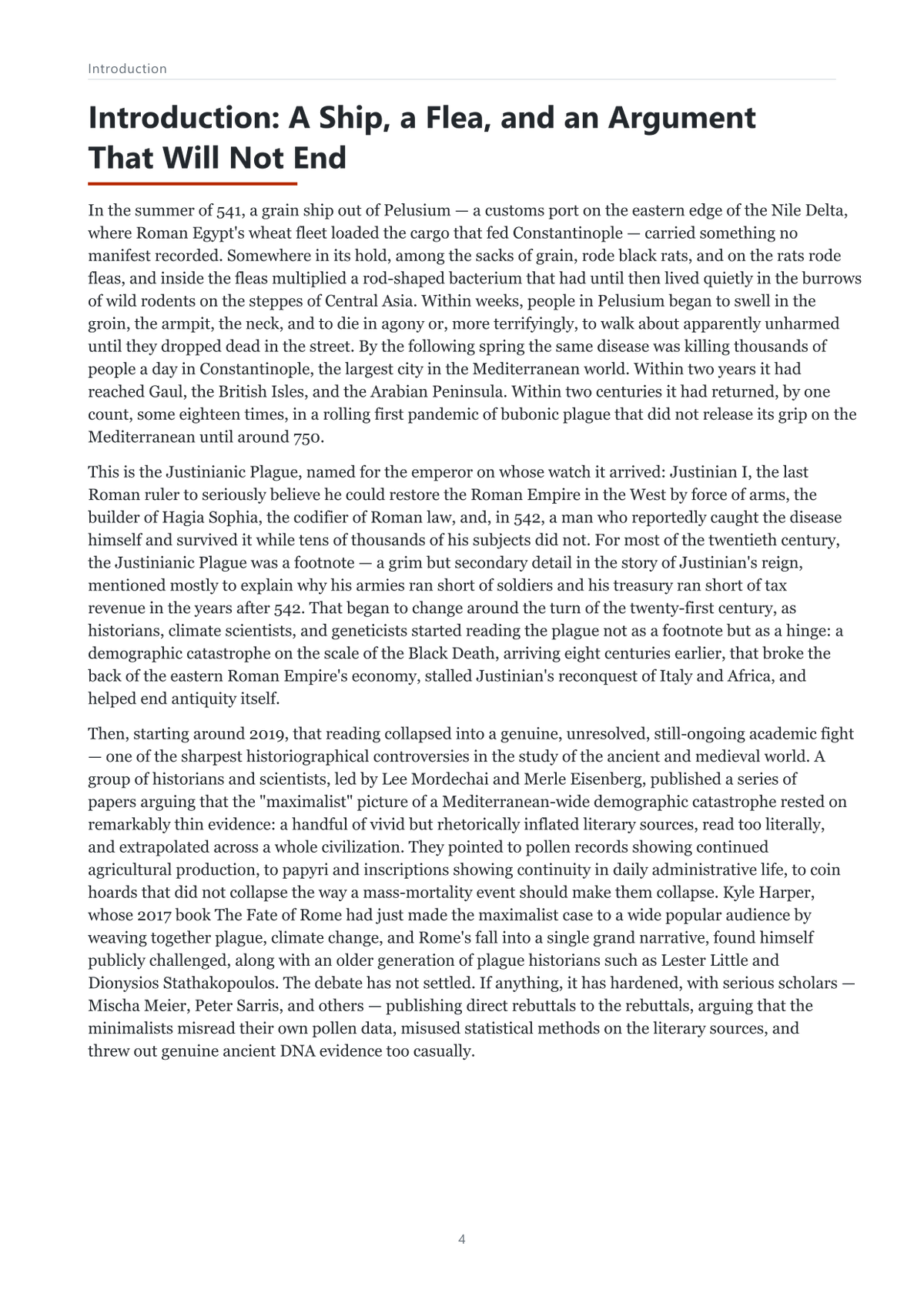 A page from the book: the opening of the introduction, A Ship, a Flea, and an Argument That Will Not End, with a running head, a red rule under the heading and continuous text
