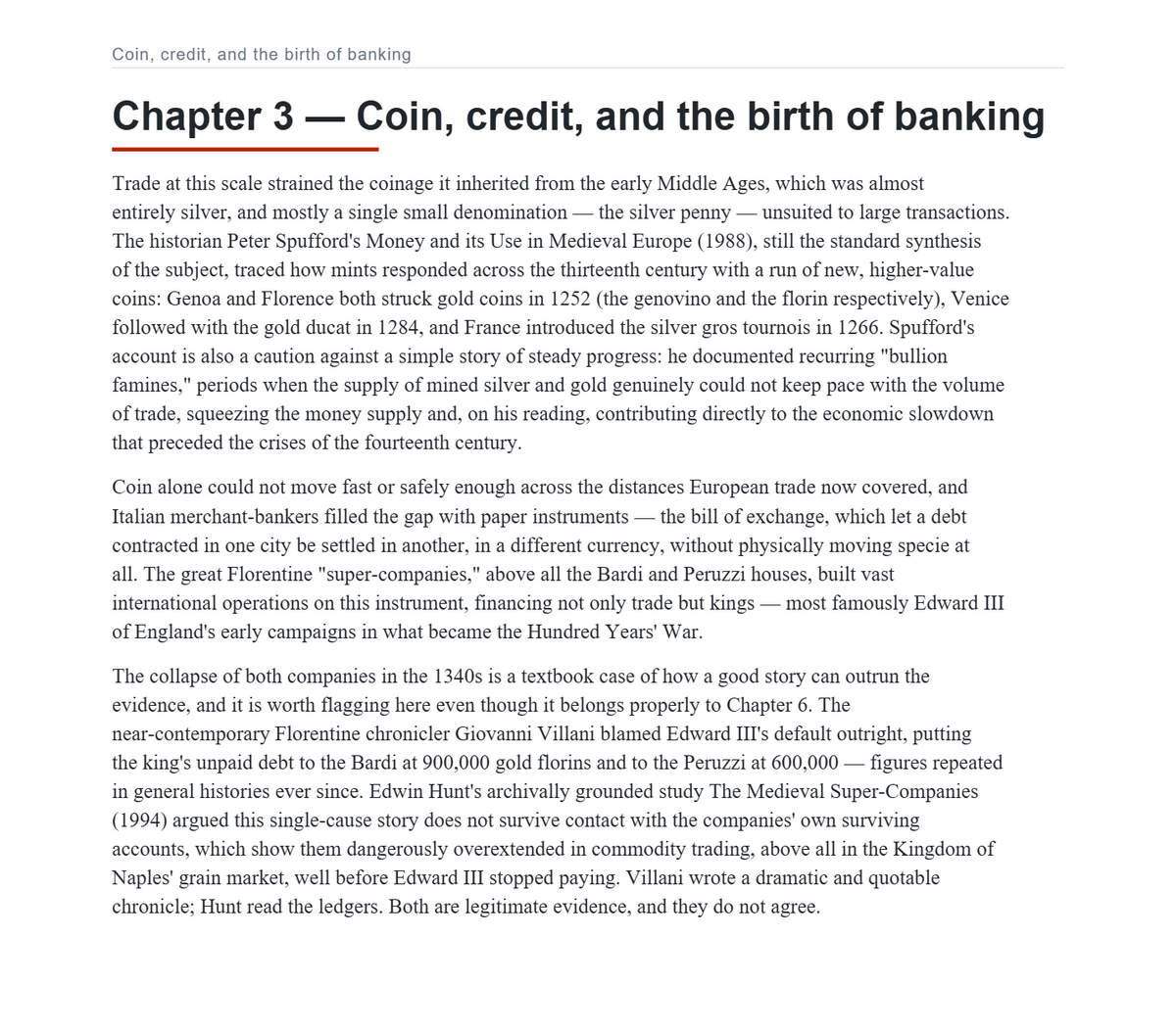 A page from the dossier: the opening of Chapter 3, Coin, credit, and the birth of banking, with a running head, a red rule under the chapter title and three paragraphs of continuous text.