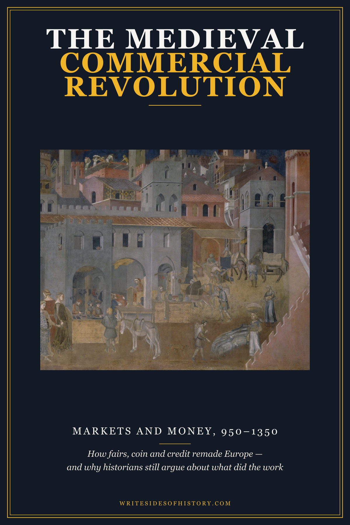 Cover of The Medieval Commercial Revolution: a detail from Ambrogio Lorenzetti's fresco of a walled town, with shops, packhorses and people at work in the street, set below the title in the Writesides of History series frame. The cover reads Markets and money, 950-1350.