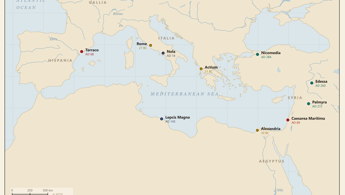A full-size detail from the plate The Principate (Map & Timeline): documented places with their dates