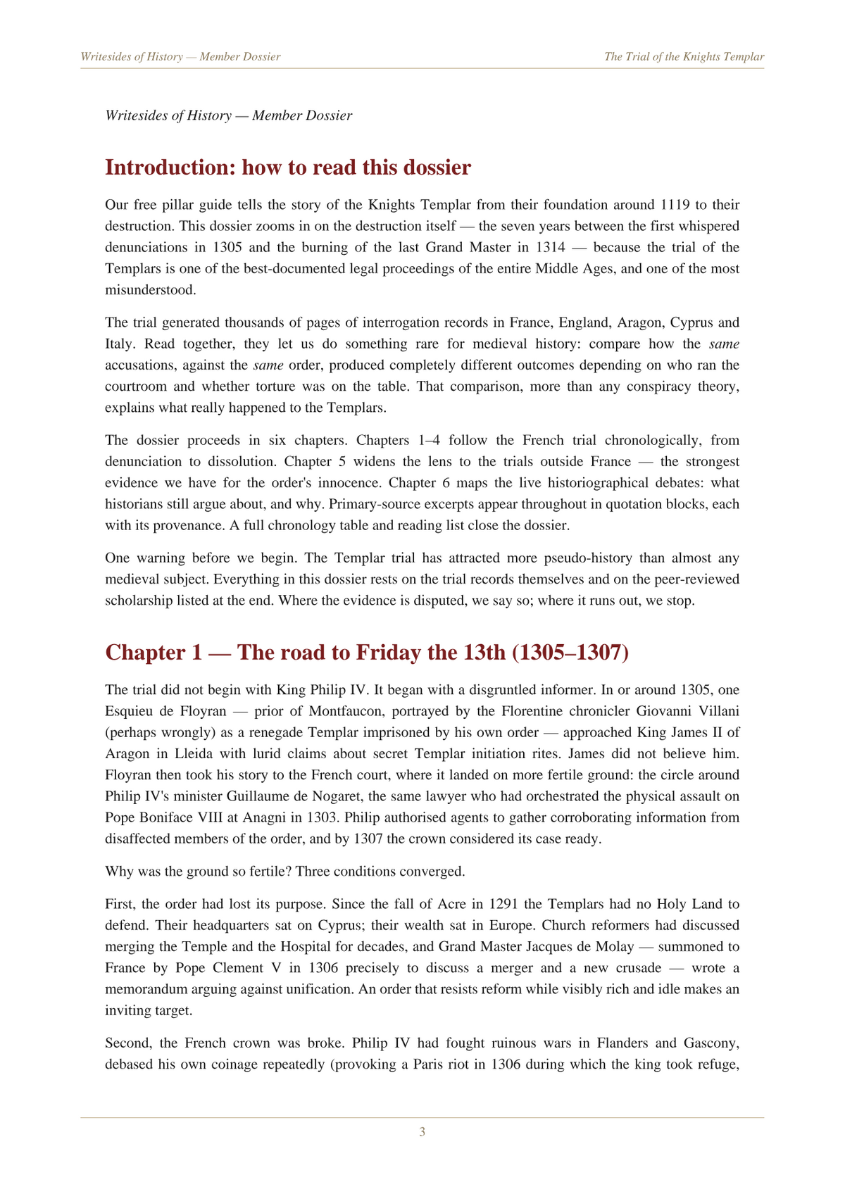 A page from the dossier: the introduction and the opening of Chapter 1, The road to Friday the 13th, 1305-1307, with running heads and continuous text